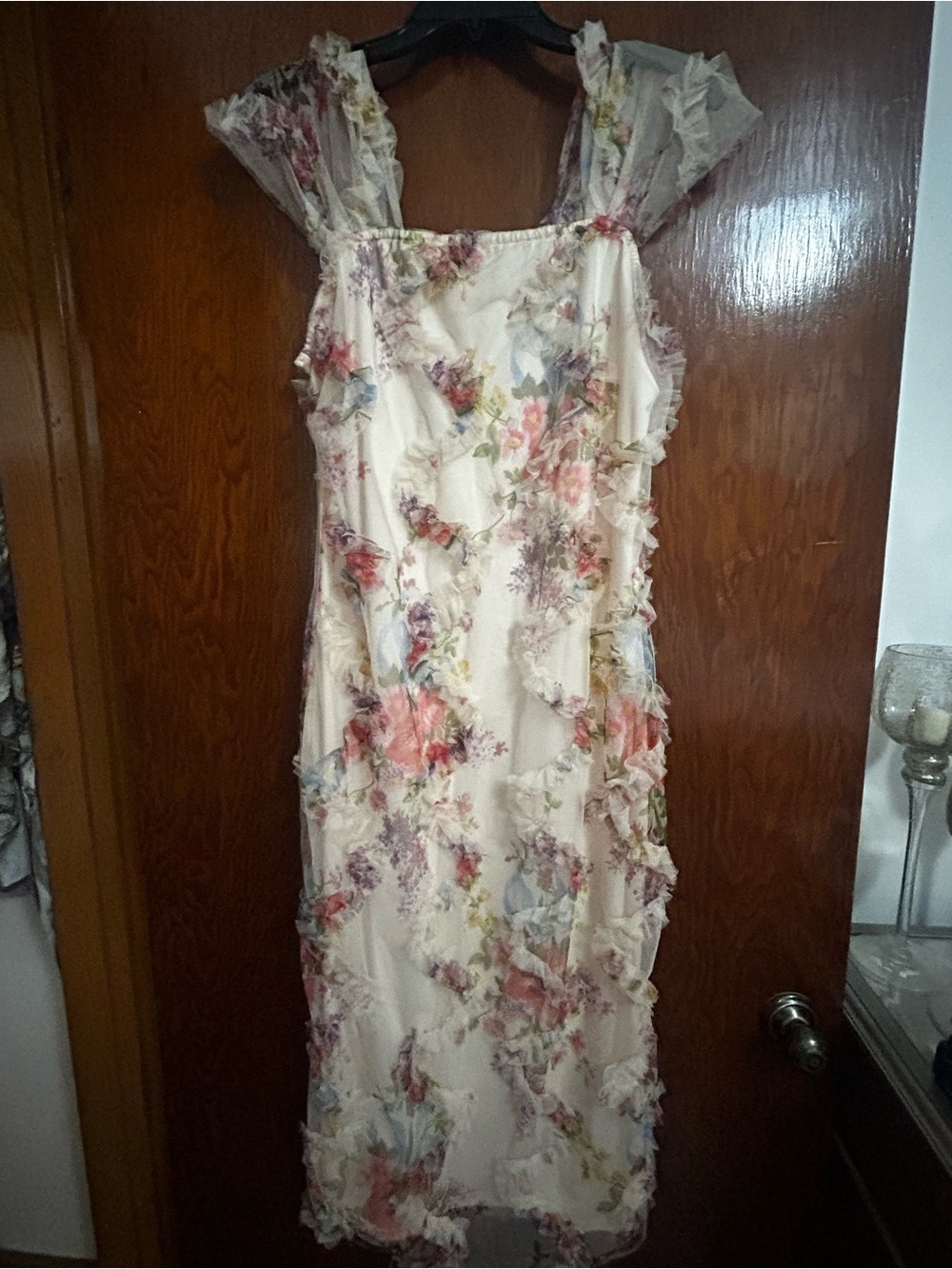 SHEIN Cream Floral Ruffle Midi Dress